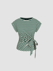 Cotton-blend Stripes Bowknot Crop Tee