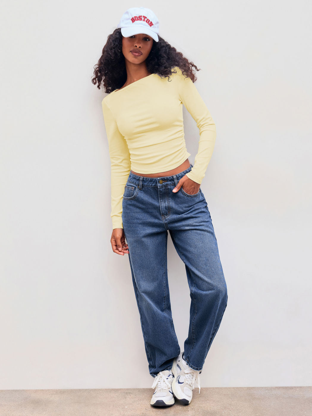 Cotton-blend Boat Neck Solid Ruched Long Sleeve Tee