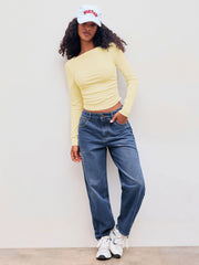 Cotton-blend Boat Neck Solid Ruched Long Sleeve Tee