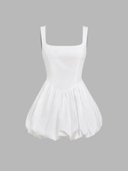 Cotton U-neckline Lace Up Tie Back Bubble Hem Mini Dress