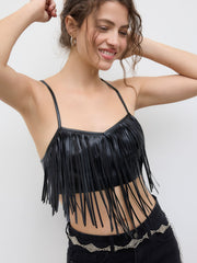 Faux Leather Fringe Crop Cami Top