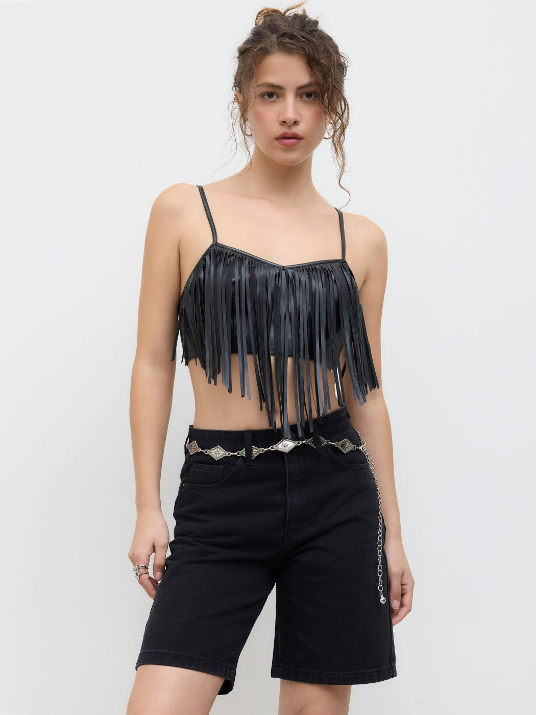 Faux Leather Fringe Crop Cami Top