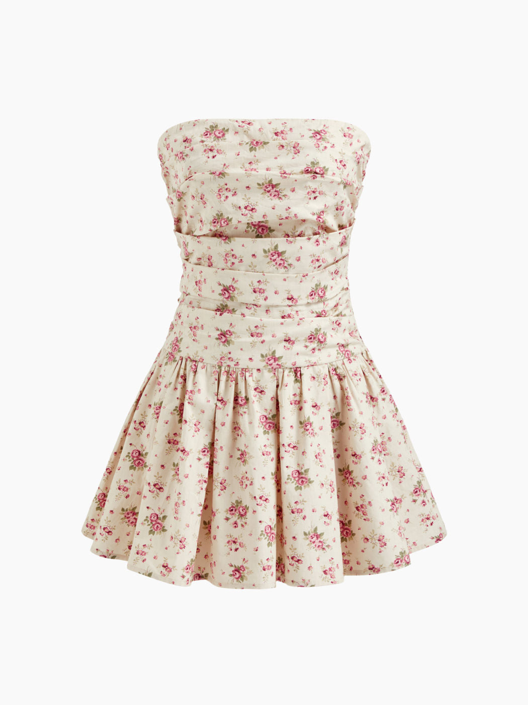 100% Cotton Floral Ruched Bandeau Mini Dress