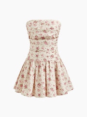 100% Cotton Floral Ruched Bandeau Mini Dress