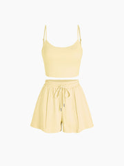 U-neckline Crop Cami Top & Drawstring Wide Leg Shorts Set
