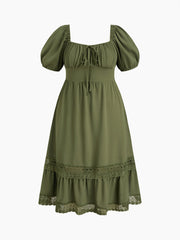 Chiffon Square Neck Bowknot Lace Trim Maxi Dress Curve & Plus