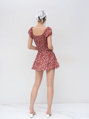 Square Neck Floral Knotted Shirred Ruffle Mini Dress