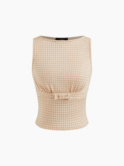 Boat Neck Gingham Bowknot Tank Top