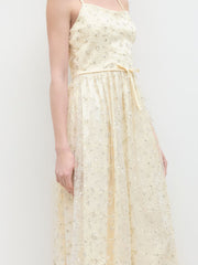 Mesh Square Neck Floral Sequin Bowknot Maxi Dress