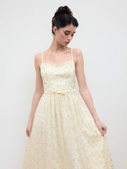 Mesh Square Neck Floral Sequin Bowknot Maxi Dress