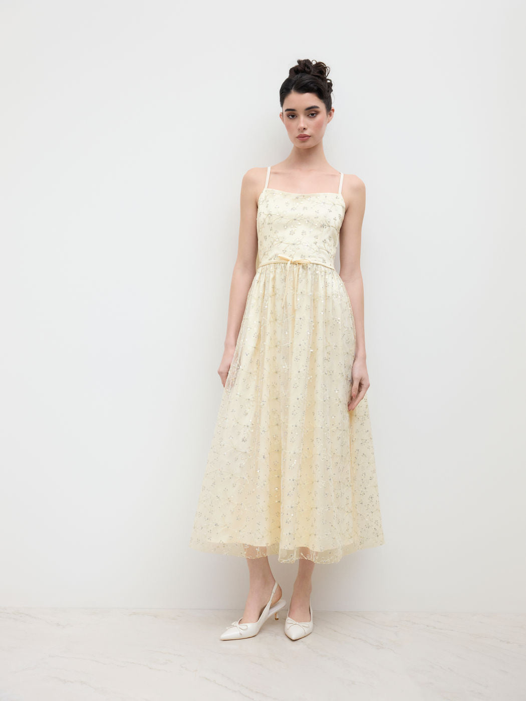 Mesh Square Neck Floral Sequin Bowknot Maxi Dress