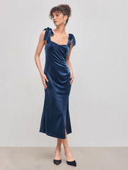 Velvet Sweetheart Neckline Split Ruched Knotted Maxi Dress
