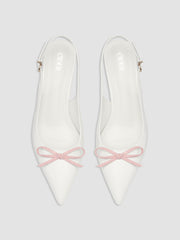 TWO-TONE BOW POINTED-TOE SLINGBACK FAUX LEATHER KITTEN HEELS