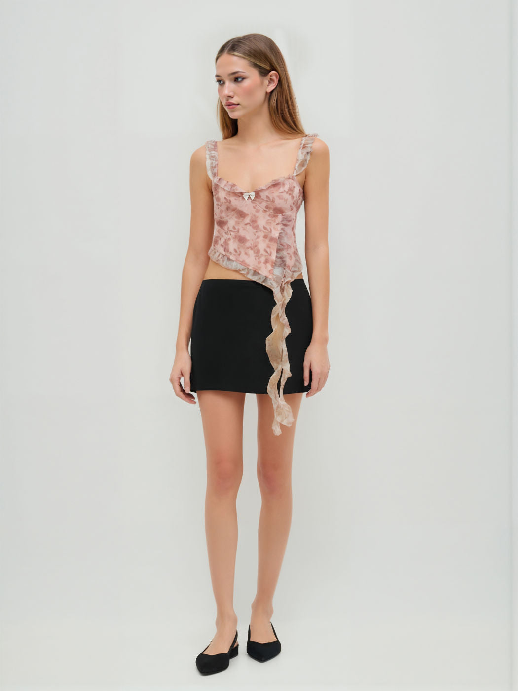 Chiffon Sweetheart Neckline Abstract Floral Ruffle Crop Top