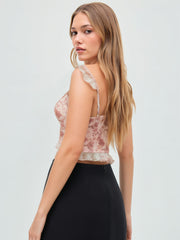 Chiffon Sweetheart Neckline Abstract Floral Ruffle Crop Top