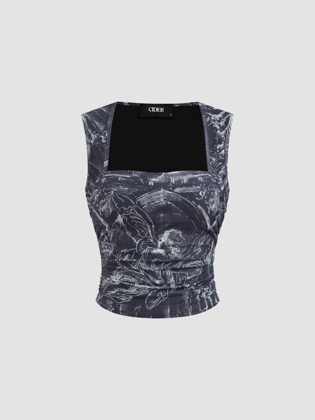 Mesh Abstract Print Ruched Tank Top