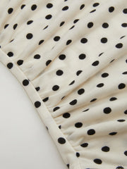 Boat Neck Polka Dot Ruched Bodysuit & Mid Rise Pocket Trousers With Belt