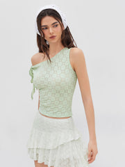 Lace Asymmetrical Neck Floral Knotted Tank Top