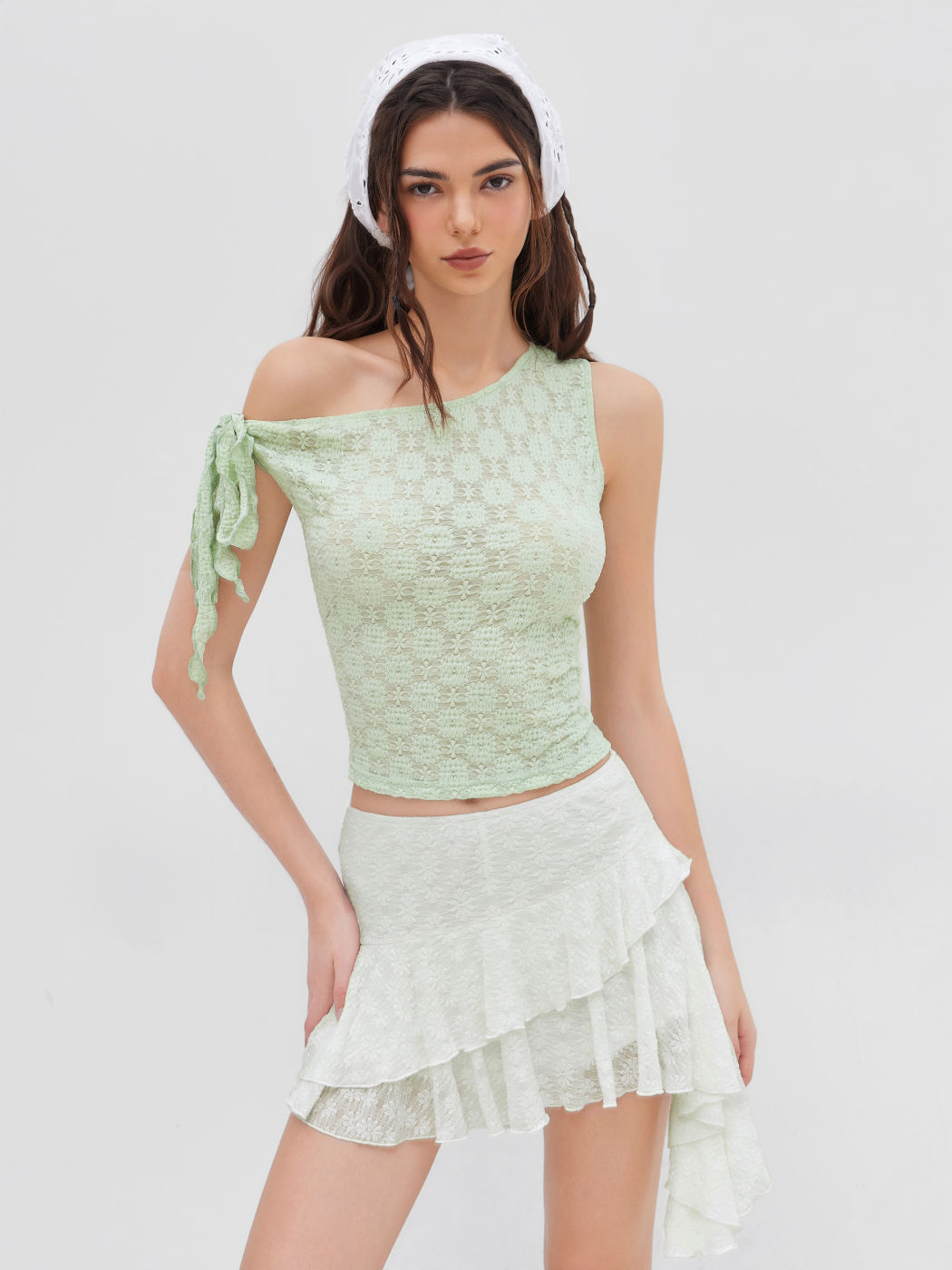 Lace Asymmetrical Neck Floral Knotted Tank Top