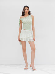 Lace Asymmetrical Neck Floral Knotted Tank Top
