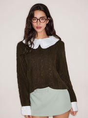 Babydoll Collar Cable Knit Faux Two-Piece Long Sleeve Sweater