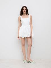 Cotton U-neckline Lace Up Tie Back Bubble Hem Mini Dress