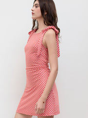Boat Neck Gingham Bowknot Mini Dress