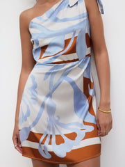 Asymmetrical Neck Floral Print Knotted Mini Dress