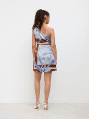 Asymmetrical Neck Floral Print Knotted Mini Dress