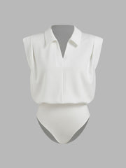V-neck Ruched Oversized Shirt Bodysuit & High Waist Solid Pleated Wide Leg Trousers