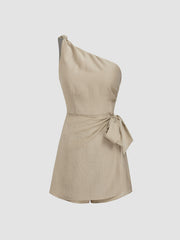 Linen-blend Asymmetrical Neck Bowknot Romper