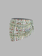 Square Neck Floral Knotted Bracelet Full Coverage Bikini Swimsuit With Sarong Curve & Plus