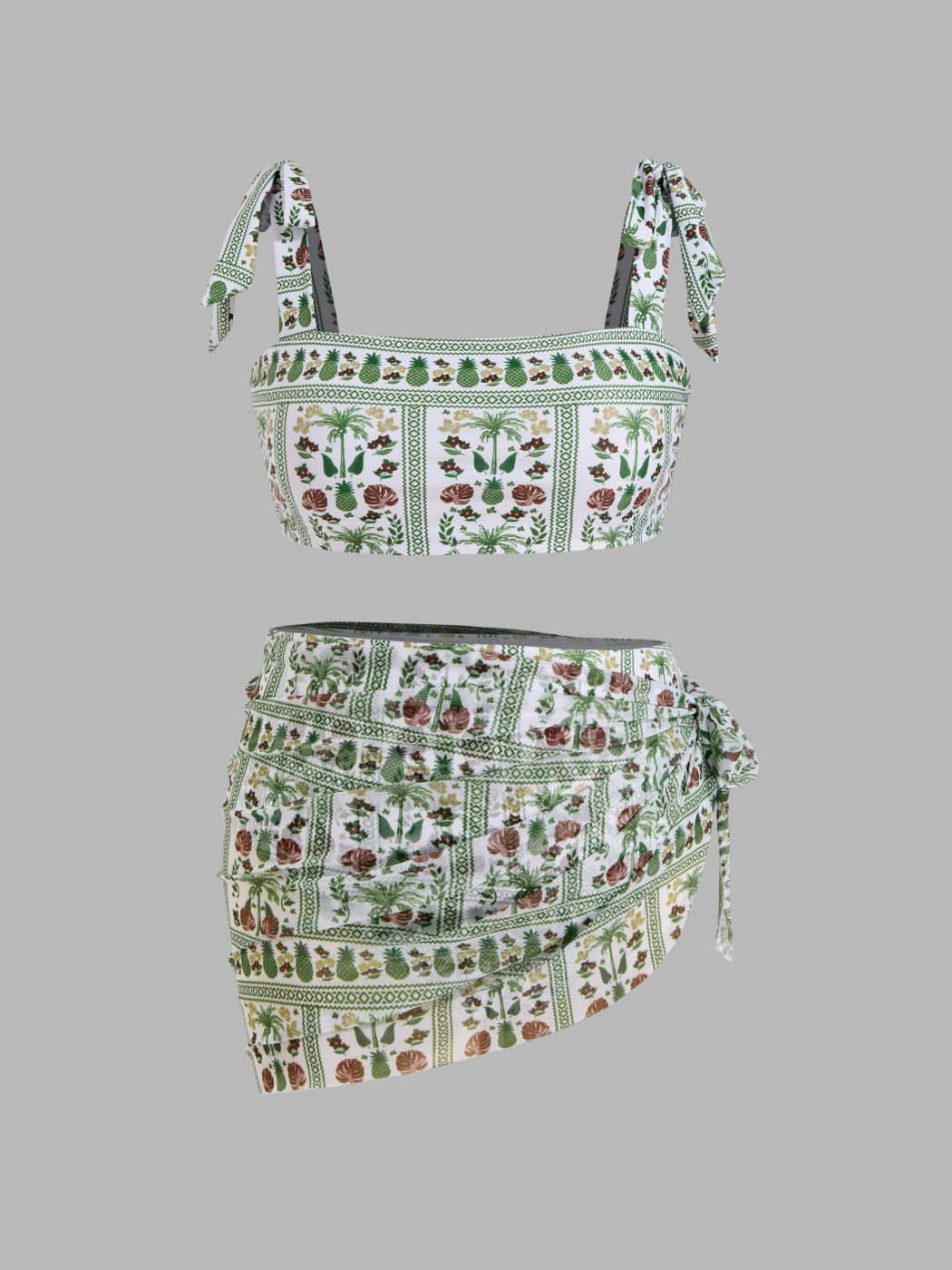 Square Neck Floral Knotted Bracelet Full Coverage Bikini Swimsuit With Sarong Curve & Plus