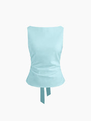 Linen-blend Boat Neckline Solid Bowknot Tank Top