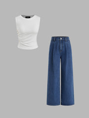 Ruched Tank Top & High Waist Straight Leg Jeans
