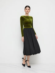Velvet Boat Neck Solid Ruched Long Sleeve Crop Top