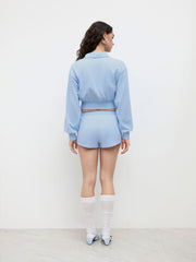 CDR Cotton-blend Collar Half Zip Crop Top & Low Rise Drawstring Micro Shorts Set