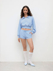 CDR Cotton-blend Collar Half Zip Crop Top & Low Rise Drawstring Micro Shorts Set