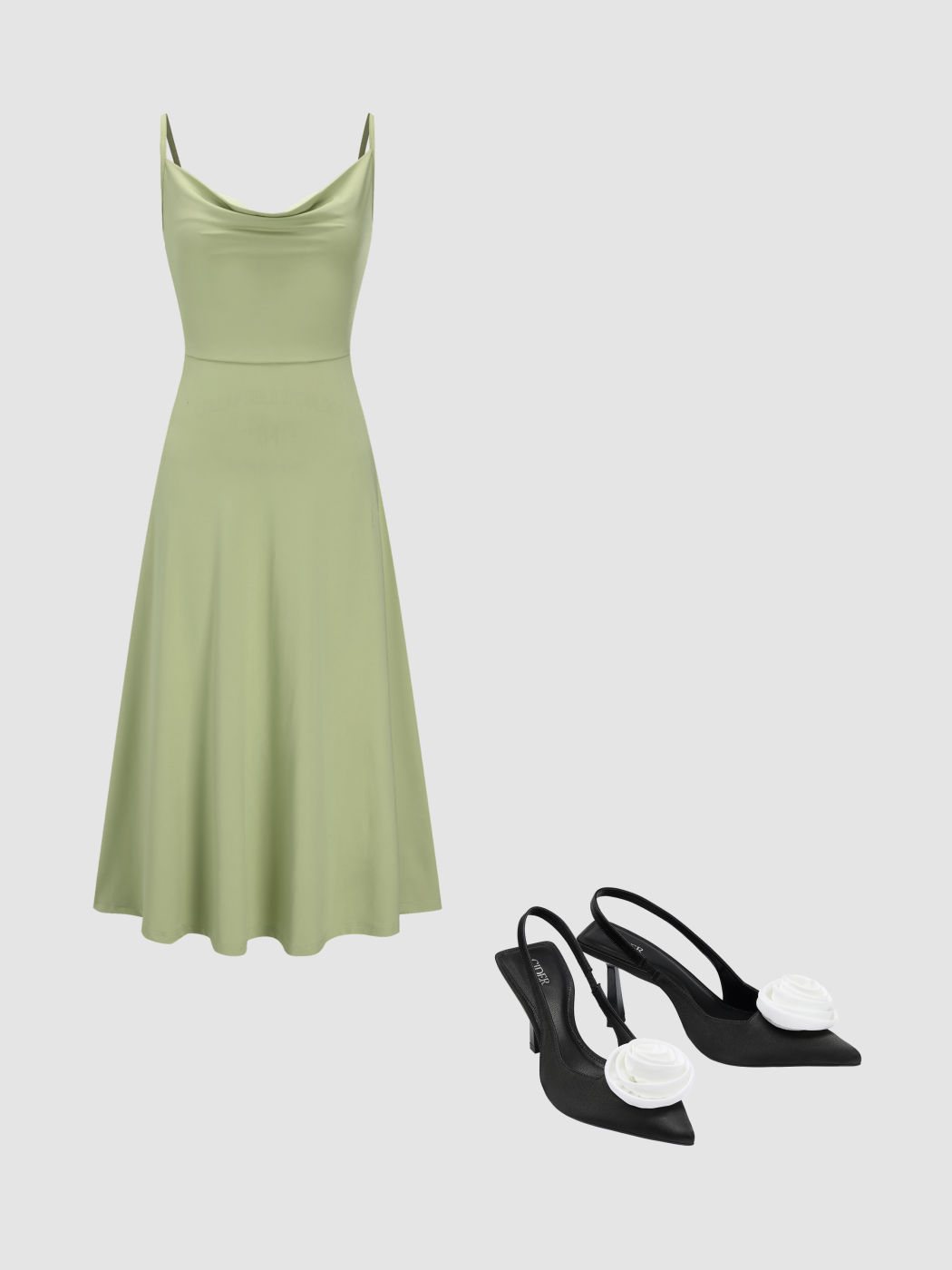 Cowl Neck Solid Ruched Maxi Dress & ROSE SATIN SLINGBACK HEELS