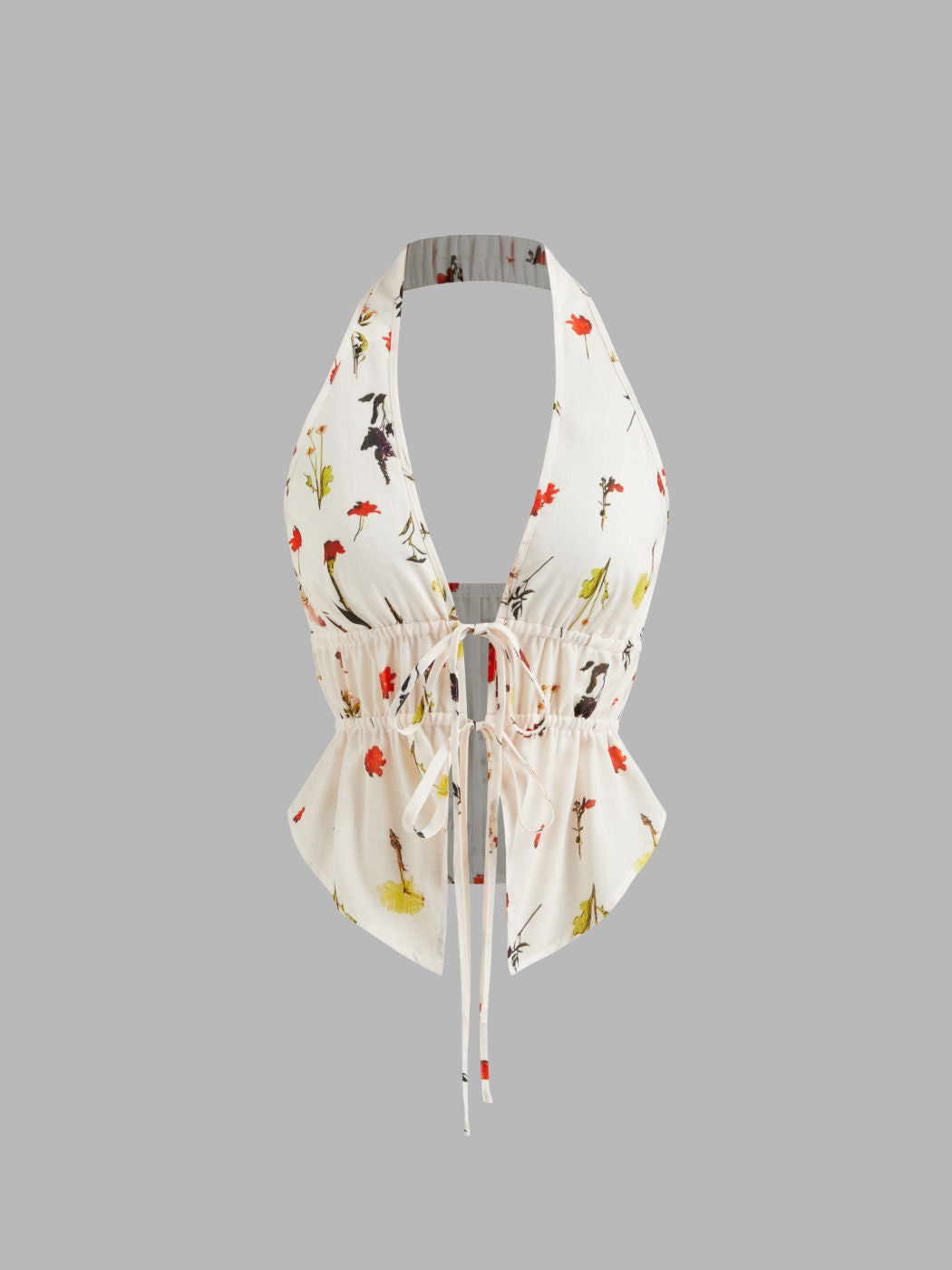 Halter Neckline Floral Tie Front Bow Top