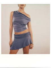 CDR Cowl Neck Ruched Tank Top & Asymmetrical Hem Mini Skort Set
