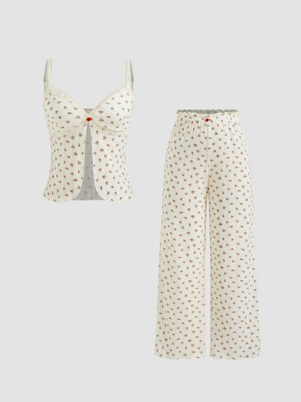V-neck Ditsy Floral Lace Trim Split Cami Top & Mid Rise Wide Leg Trousers Loungewear Set