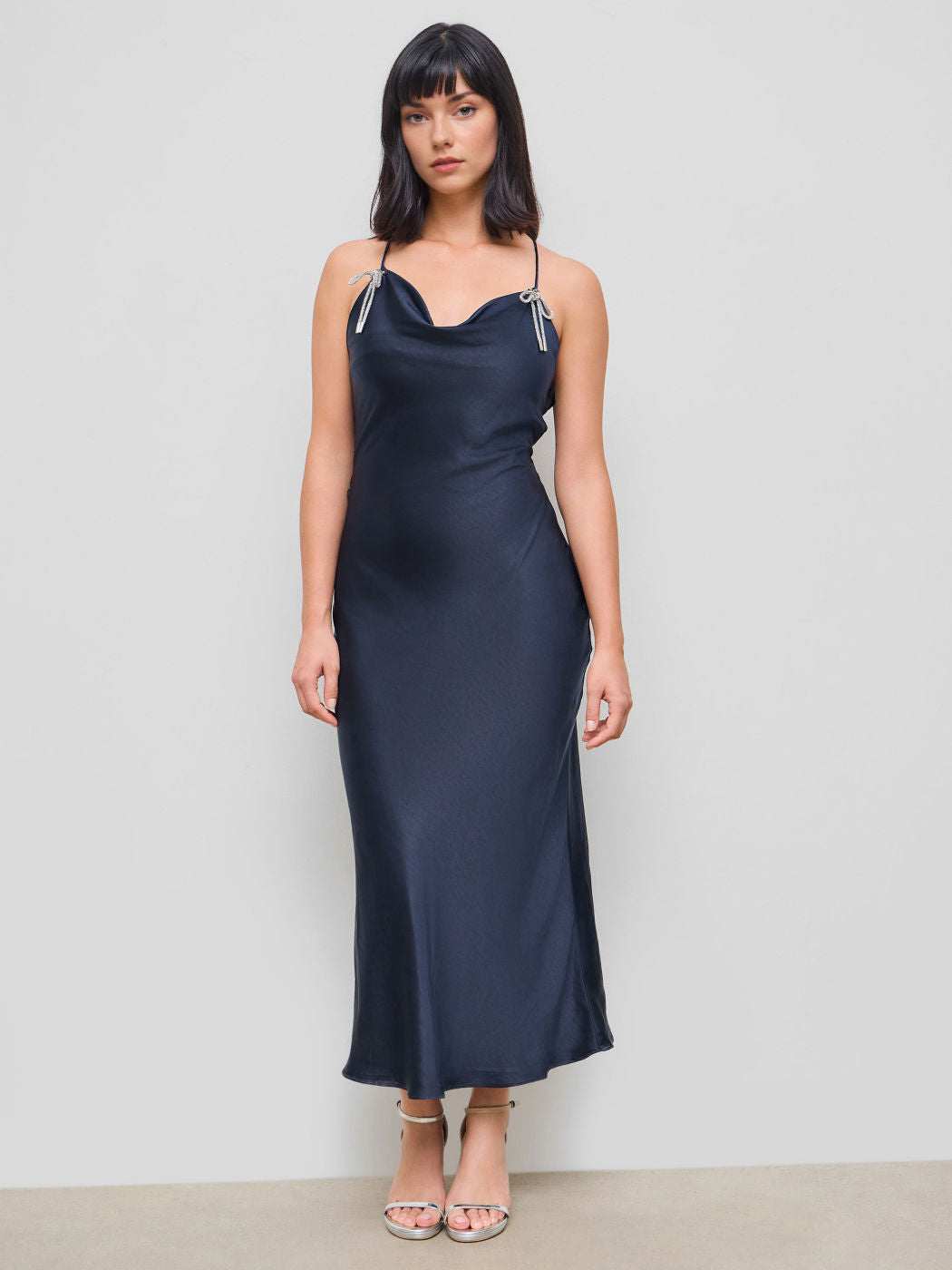 Satin Cowl Neck Rhinestone Bowknot Mermaid Maxi Dress