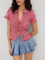 100% Cotton Gingham Tie Front Bow Shirred Top