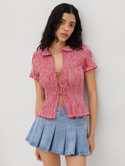 100% Cotton Gingham Tie Front Bow Shirred Top