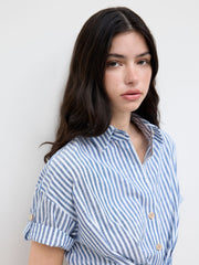 Cotton-blend Polo Stripe Button Through Roll-up Sleeve Mini Dress