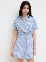 Cotton-blend Polo Stripe Button Through Roll-up Sleeve Mini Dress