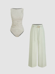Boat Neck Polka Dot Ruched Bodysuit & Mid Rise Pocket Trousers With Belt