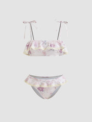 Square Neck Floral Bowknot Ruffle Lace Trim Bandeau Cheeky Bikini Set