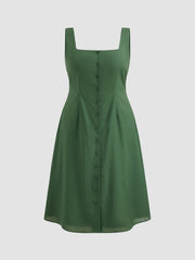 Linen-blend Square Neck Button Through Shirred Midi Dress Curve & Plus